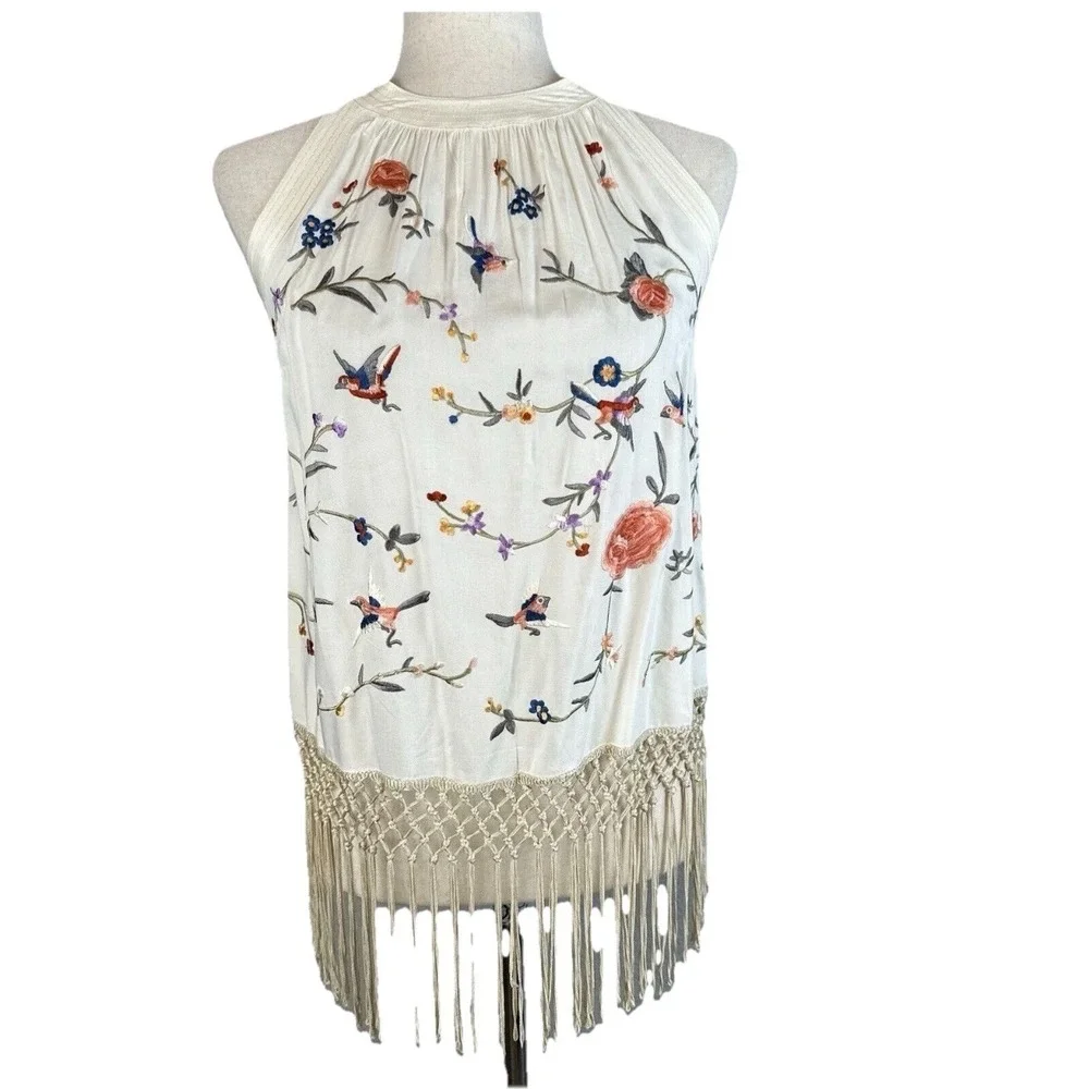 Anthropologie Embroidered Halter Top Sz2 Gatsby Fringe Boho Festival Tank Hippie - Picture 2 of 7